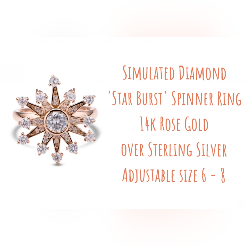 Simulated diamond 'Starburst' spinner ring, 14k RG, Sz.6-8, adjustable
